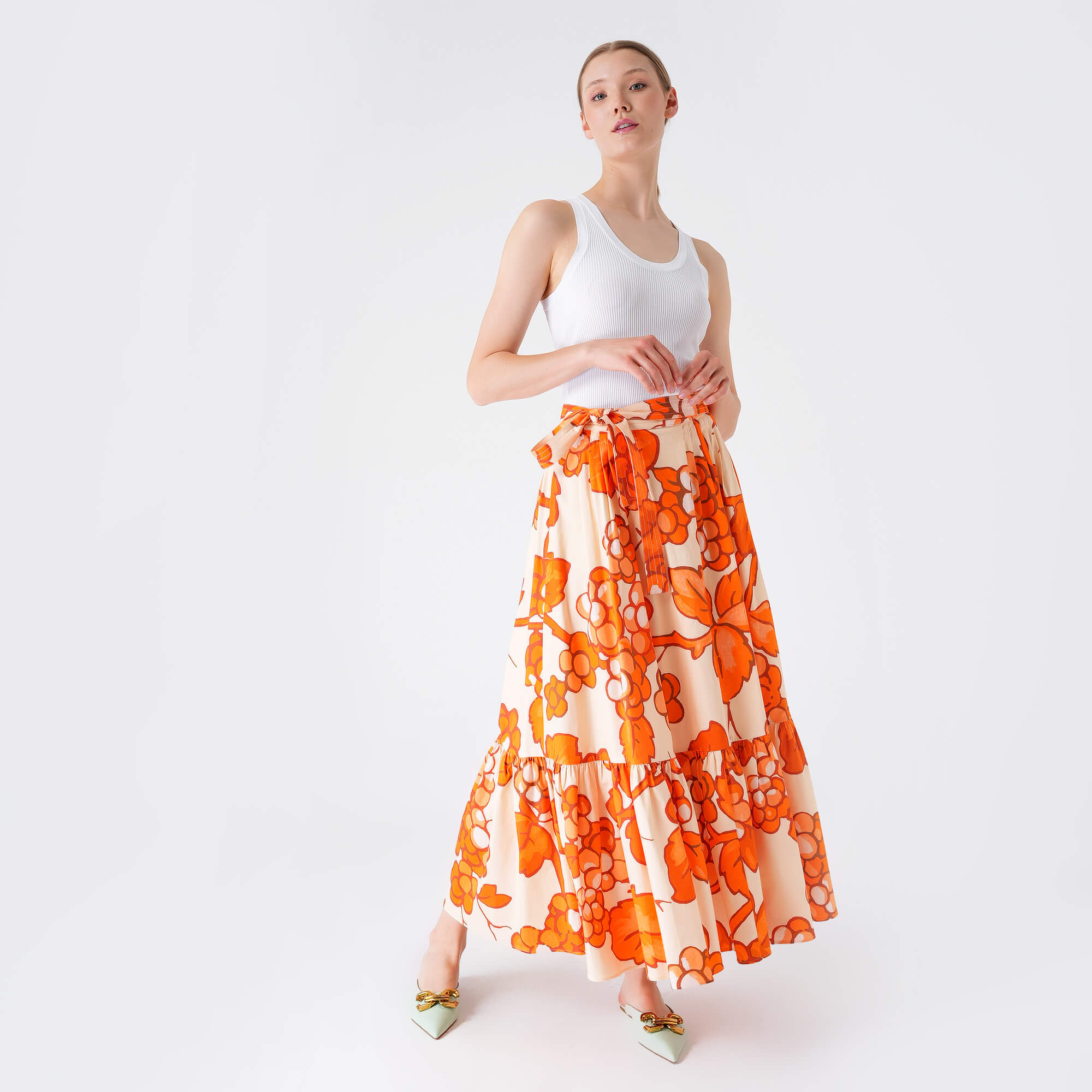 Etro - Orange&Beige Flower Cotton Midi Skirt